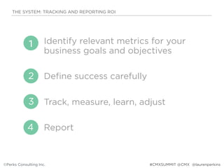 Identify relevant metrics for your
business goals and objectives
Define success carefully
Track, measure, learn, adjust
Report
THE SYSTEM: TRACKING AND REPORTING ROI
©Perks Consulting Inc. @laurenperkins
1
2
3
4
#CMXSUMMIT @CMX
 