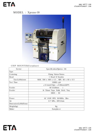 ◆ MODEL : Xpress-10
CHIP MOUNTER(Europlacer)
Sector Specification(Xpress-10)
Type 터릿 헤드
Centering방식 Flying Vision/Vision
Head수량 1 Head 8 Nozzles
기판 Size(LxWxt)mm MAX.500 x 460 x 4.5 ,MIN.60 x 60 x 0.5
TactTime 10000 cph
장착정도 ±0.1mm(Chip),±0.06mm(QFP)
Feeder장착수량 92 EA(8mm기준)
Feeder종류 8~72mm Tape,Bulk,Stick,Tray
대응부품 0603 ~ 50㎟
특이점
Power AC 210V 3PH,50/60Hz,5Kw
Air 0.7 MPa,20Nℓ/min
Dimension(LxWxH)mm
Weight(kg) Kg
Maker Europlacer
www.smt11.com
etasmt@foxmail.com
www.smt11.com
etasmt@foxmail.com
 