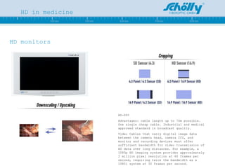 HD in medicine HD monitors HD-SDI Advantages: cable length up to 70m possible. One single cheap cable. Industrial and medical approved standard in broadcast quality. Video Cables that carry digital image data between the camera head, camera CCU, and monitor and recording devices must offer sufficient bandwidth for video transmission of HD data over long distances. For example, a 1080p HD imaging system provides approximately 2 million pixel resolution at 60 frames per second, requiring twice the bandwidth as a 1080i system at 30 frames per second.  