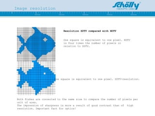 Image resolution One square is equivalent to one pixel. HDTV is four times the number of pixels in relation to SDTV. One square is equivalent to one pixel. SDTV-resolution. Both fishes are converted to the same size to compare the number of pixels per unit of area. The impression of sharpness is more a result of good contrast than of  high resolution. Important fact for optics! Resolution SDTV compared with HDTV 