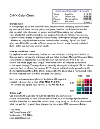 QUICK GUIDE TO USING THE CHARTS
                                                 Yellow       Page Title               0 10 20
CMYK Color Charts                                Cyan         Vertical Axis            30 40 50
                                                 Magenta      Horizontal Axis          60 70 80
                                                 Black        (see chart)              K value
Introduction
In attempting to tackle the minor difficulties associated with calibrating colors between
my head, swatch book, monitor, printer, and press, I decided that I should at least be
able to match colors between my printer and itself. Upon setting out to locate
color charts that might be suited for this purpose, I found only Pantone® documents,
and those were adjusted for specific output devices. Although the thought of creating
14,000 or so uniquely-colored squares seemed rather daunting, I figured that I and
others would be able to make sufficient use out of them to justify the task (and don’t
think I didn’t use shortcuts where I could).

How to use these charts
My explanation will undoubtably confuse you more than just trusting your intuition on
this one, but here’s how the charts are laid out. All of the Cyan, Magenta,Yellow, and Black
components are represented in combinations of 10% increments from 0 to 100.
Each of the eleven pages has a unique Yellow value across all swatches, as indicated
at the top of the page. The pages have an eleven by eleven grid made up of 121 sets of nine
swatches. Each set of nine has a unique CMY value, as indicated by the vertical axis (C),
the horizontal axis (M), and the title of the page (Y). The black value is represented within
the nine swatches from 0 to 80% only (see chart at top).
                                                                                M 0%     100%
So, in this abbreviated example from the Yellow 50% page, the
selected red square has a value of C0 M100 Y50 K40.                C 0%
The selected teal square has a value of C100 M0 Y50 K20.

                                                                   100%
Other stuff
Use these charts as you see fit, but I do not make any guarantees or
assume responsibility for how they will behave with your technology. If you find them
useful or invaluable and would like to contribute to my eating or rent funds, please send
what you feel they’re worth. I can also provide the original EPSF documents. Enjoy…

Scott Tesler
945 Taraval Street, #307
San Francisco, CA 94116
email scott@stun.com
 