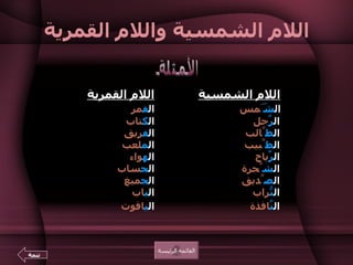 اللام الشمسية واللام القمرية               اللام الشمسية         اللام القمرية                 ال شّ َمس                  ال ق مر                    ال رَّ جل                      ال ك تاب                    ال ط َّالب                   ال ف ريق                    ال ط َّبيب                     ال م لعب                   ال رِّ ياح                       ال ه واء                      ال ش َّجرة                   ال ح ساب                     ال ص َّديق                    ال ج ميغ                    ال تُّ راب                      ال ب اب                    ال نَّ افذة                    ال ي اقوت   القائمة الرئيسة الأمثلة تتمة 