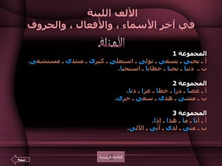 الألف اللينة  في آخر الأسماء ، والأفعال ، والحروف   المجموعة  1 أ ـ يحي ى  ـ يسع ى  ـ تول ى  ـ استعل ى  ـ كبر ى  ـ منتد ى  ـ مستشف ى .  ب ـ  دني ا  ـ يحي ا  ـ خطاي ا  ـ استحي ا .    المجموعة  2  أ ـ عص ا  ـ ذر ا  ـ خط ا  ـ غز ا  ـ دن ا .  ب ـ مش ى  ـ هد ى  ـ سع ى  ـ جر ى .   المجموعة  3   أ ـ أن ا  ـ م ا  ـ هذ ا  ـ إذ ا .  ب ـ مت ى  ـ لد ى  ـ أنّ ى  ـ الأل ى .    الأمثلة القائمة الرئيسة تتمة 