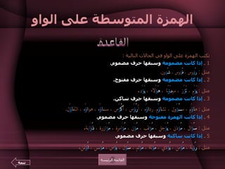 الهمزة المتوسطة على الواو   تكتب الهمزة على الواو في الحالات التالية  :  1  ـ  إذا كانت مضمومة  وسبقها حرف مضموم .  مثل  :  رُ ؤ وس ،  فُ ؤ وس ،  شُ ؤ ون .  2  ـ  إذا كانت مضمومة  وسبقها حرف مفتوح .  مثل  :  يَ ؤ ُم ،  تَ ؤ ُز ، مب دَ ؤ ُنا ،  هَ ؤ ُلاء ،  يَ ؤ ُد .  3  ـ  إذا كانت مضمومة  وسبقها حرف ساكن .   مثل  :  ه ا ؤ ُم ، م سْ ؤ ُول ، تش ا ؤُ م ـ رد ا ؤ ُه ، أ رْ ؤ ُس ، أ كْ ؤ ُس ، سم ا ؤ ُه ، هو ا ؤ ُه ، التف ا ؤ ُل .  4  ـ  إذا كانت الهمزة مفتوحة  وسبقها حرف مضموم .   مثل  :  سُ ؤ َال ،  مُ ؤ َذن ،  يُ ؤ َجل ،  مُ ؤ َلف ،  مُ ؤ َن ،  مُ ؤ َامرة ،  مُ ؤ َازرة ،  ذُ ؤ َابة .  5  ـ  إذا كانت ساكنة  وسبقها حرف مضموم .   مثل  :  رُ ؤ ية ،  مُ ؤ من ،  يُ ؤ ذي ،  مُ ؤ تة ،  مُ ؤ لم ،  سُ ؤ ل ،  بُ ؤ س ،  مُ ؤ نس ،  اُ ؤ تمن .   القاعدة القائمة الرئيسة تتمة 