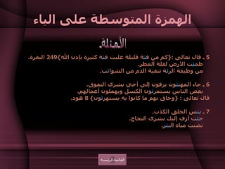 الهمزة المتوسطة على الياء   5  ـ قال تعالى  :{ كم من ف ئ ة قليلة غلبت ف ئ ة كثيرة بإذن الله }249  البقرة .       ظم ئ ت الأرض لقلة المطر .       من وظيفة الر ئ ة تنقية الدم من الشوا ئ ب .   6  ـ جاء المهن ئ ون يزفون إلى أخي بشرى التفوق .       بعض الناس يستمر ئ ون الكسل ويهملون أعمالهم .  قال تعالى  : { وحاق بهم ما كانوا به يستهز ئ ون } 8  هود .   7  ـ ب ئ س الخلق الكذب .       ج ئ ت أزف إليك بشرى النجاح .       نضبت مياه الب ئ ر .  الأمثلة القائمة الرئيسة 