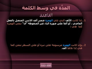 المدَّة في وسط الكلمة 1  ـ إذا كانت  الألف  التي تلي  الهمزة   ضمير ألف الاثنين المتصل بالفعل الماضي ، أو ألفا على صورة الياء غير المنقوطة  " ى "  تبقى الهمزة كما  هي  :  مثل  :  لج أ ا  ، در أ ا . ومثل  :  ظم أ ى  ، مر أ ى .  أما إذا كانت  الألف  لتثنية الأسماء فإن  الهمزة  تنقلب إلى  مدة .  مثل  :  مرف أ  +   ا ن    مرف آ ن ، ملج أ  +   ا ن    ملج آ ن .  2  ـ وإن كانت  الهمزة  مرسومة على نبرة أو على السطر تبقى كما هي إذا تلاها  ألف .  مثل  :  يكاف ئ   + ا ن    يكاف ئ ان ، شاط ئ   + ا ن      شاط ئ ان .  ومثل  :  إما ء ة  + ا     إما ء ات ، عبا ء ة  + ا     عبا ء ات ،  القائمة الرئيسة القاعدة 