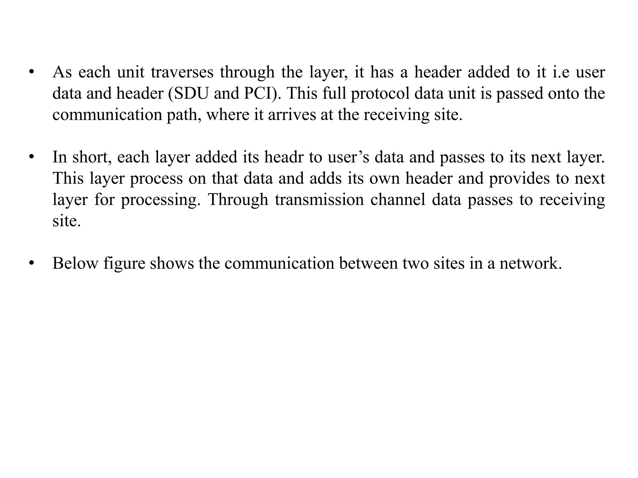 • As each unit traverses through the layer, it has a header added to it i.e user
data and header (SDU and PCI). This full protocol data unit is passed onto the
communication path, where it arrives at the receiving site.
• In short, each layer added its headr to user’s data and passes to its next layer.
This layer process on that data and adds its own header and provides to next
layer for processing. Through transmission channel data passes to receiving
site.
• Below figure shows the communication between two sites in a network.
 