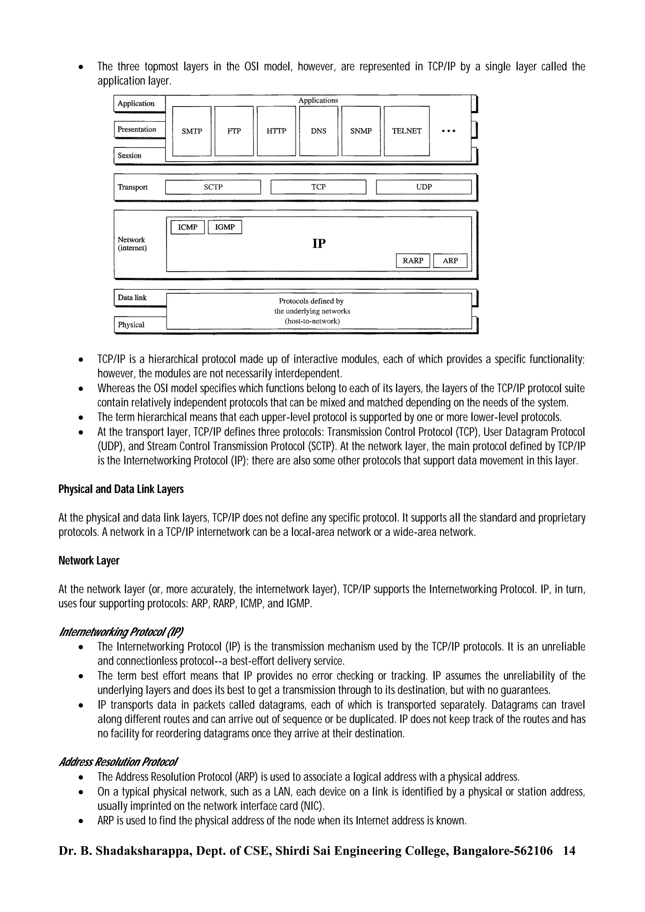 

The three topmost layers in the OSI model, however, are represented in TCP/IP by a single layer called the
application layer.



TCP/IP is a hierarchical protocol made up of interactive modules, each of which provides a specific functionality;
however, the modules are not necessarily interdependent.
Whereas the OSI model specifies which functions belong to each of its layers, the layers of the TCP/IP protocol suite
contain relatively independent protocols that can be mixed and matched depending on the needs of the system.
The term hierarchical means that each upper-level protocol is supported by one or more lower-level protocols.
At the transport layer, TCP/IP defines three protocols: Transmission Control Protocol (TCP), User Datagram Protocol
(UDP), and Stream Control Transmission Protocol (SCTP). At the network layer, the main protocol defined by TCP/IP
is the Internetworking Protocol (IP); there are also some other protocols that support data movement in this layer.





Physical and Data Link Layers
At the physical and data link layers, TCP/IP does not define any specific protocol. It supports all the standard and proprietary
protocols. A network in a TCP/IP internetwork can be a local-area network or a wide-area network.
Network Layer
At the network layer (or, more accurately, the internetwork layer), TCP/IP supports the Internetworking Protocol. IP, in turn,
uses four supporting protocols: ARP, RARP, ICMP, and IGMP.

Internetworking Protocol (IP)
 The Internetworking Protocol (IP) is the transmission mechanism used by the TCP/IP protocols. It is an unreliable
and connectionless protocol--a best-effort delivery service.
 The term best effort means that IP provides no error checking or tracking. IP assumes the unreliability of the
underlying layers and does its best to get a transmission through to its destination, but with no guarantees.
 IP transports data in packets called datagrams, each of which is transported separately. Datagrams can travel
along different routes and can arrive out of sequence or be duplicated. IP does not keep track of the routes and has
no facility for reordering datagrams once they arrive at their destination.
Address Resolution Protocol
 The Address Resolution Protocol (ARP) is used to associate a logical address with a physical address.
 On a typical physical network, such as a LAN, each device on a link is identified by a physical or station address,
usually imprinted on the network interface card (NIC).
 ARP is used to find the physical address of the node when its Internet address is known.

Dr. B. Shadaksharappa, Dept. of CSE, Shirdi Sai Engineering College, Bangalore-562106 14

 