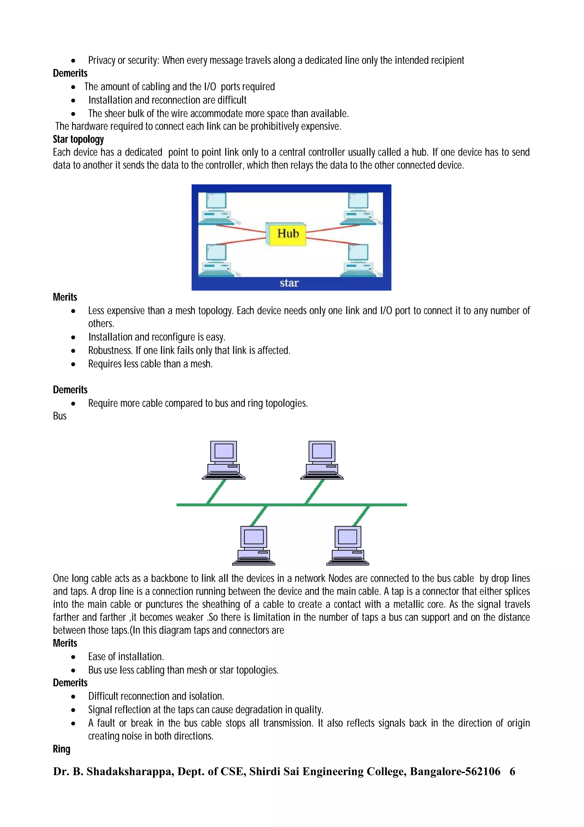  Privacy or security: When every message travels along a dedicated line only the intended recipient
Demerits
 The amount of cabling and the I/O ports required
 Installation and reconnection are difficult
 The sheer bulk of the wire accommodate more space than available.
The hardware required to connect each link can be prohibitively expensive.
Star topology
Each device has a dedicated point to point link only to a central controller usually called a hub. If one device has to send
data to another it sends the data to the controller, which then relays the data to the other connected device.

Merits





Less expensive than a mesh topology. Each device needs only one link and I/O port to connect it to any number of
others.
Installation and reconfigure is easy.
Robustness. If one link fails only that link is affected.
Requires less cable than a mesh.

Demerits
 Require more cable compared to bus and ring topologies.
Bus

One long cable acts as a backbone to link all the devices in a network Nodes are connected to the bus cable by drop lines
and taps. A drop line is a connection running between the device and the main cable. A tap is a connector that either splices
into the main cable or punctures the sheathing of a cable to create a contact with a metallic core. As the signal travels
farther and farther ,it becomes weaker .So there is limitation in the number of taps a bus can support and on the distance
between those taps.(In this diagram taps and connectors are
Merits
 Ease of installation.
 Bus use less cabling than mesh or star topologies.
Demerits
 Difficult reconnection and isolation.
 Signal reflection at the taps can cause degradation in quality.
 A fault or break in the bus cable stops all transmission. It also reflects signals back in the direction of origin
creating noise in both directions.
Ring

Dr. B. Shadaksharappa, Dept. of CSE, Shirdi Sai Engineering College, Bangalore-562106 6

 