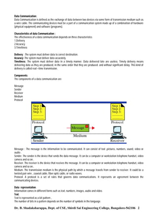 Data Communication:
Data Communication is defined as the exchange of data between two devices via some form of transmission medium such as
a wire cable. The communicating devices must be a part of a communication system made up of a combination of hardware
(physical equipment) and software (programs).
Characteristics of data Communication :
The effectiveness of a data communication depends on three characteristics
1.Delivery
2.Accuracy
3.Timeliness
Delivery : The system must deliver data to correct destination.
Accuracy: The system must deliver data accurately.
Timeliness: The system must deliver data in a timely manner. Data delivered late are useless. Timely delivery means
delivering data as they are produced, in the same order that they are produced. and without significant delay. This kind of
delivery is called real –time transmission.
Components:
The components of a data communication are
Message
Sender
Receiver
Medium
Protocol

Message : The message is the information to be communicated. It can consist of text ,pictures, numbers, sound, video or
audio .
Sender. The sender is the device that sends the data message. It can be a computer or workstation telephone handset, video
camera and so on..
Receiver. The receiver is the device that receives the message. It can be a computer or workstation telephone handset, video
camera and so on..
Medium. The transmission medium is the physical path by which a message travels from sender to receiver. It could be a
twisted pair wire , coaxial cable, fiber optic cable, or radio waves.
Protocol. A protocol is a set of rules that governs data communications. It represents an agreement between the
communicating devices.
Data representation.
Information comes in different forms such as text, numbers, images, audio and video.
Text.
Text is represented as a bit pattern ,
The number of bits in a pattern depends on the number of symbols in the language.

Dr. B. Shadaksharappa, Dept. of CSE, Shirdi Sai Engineering College, Bangalore-562106 2

 