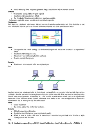  Privacy or security: When every message travels along a dedicated line only the intended recipient
Demerits
 The amount of cabling and the I/O ports required
 Installation and reconnection are difficult
 The sheer bulk of the wire accommodate more space than available.
The hardware required to connect each link can be prohibitively expensive.
Star topology
Each device has a dedicated point to point link only to a central controller usually called a hub. If one device has to send
data to another it sends the data to the controller, which then relays the data to the other connected device.

Merits





Less expensive than a mesh topology. Each device needs only one link and I/O port to connect it to any number of
others.
Installation and reconfigure is easy.
Robustness. If one link fails only that link is affected.
Requires less cable than a mesh.

Demerits
 Require more cable compared to bus and ring topologies.
Bus

One long cable acts as a backbone to link all the devices in a network Nodes are connected to the bus cable by drop lines
and taps. A drop line is a connection running between the device and the main cable. A tap is a connector that either splices
into the main cable or punctures the sheathing of a cable to create a contact with a metallic core. As the signal travels
farther and farther ,it becomes weaker .So there is limitation in the number of taps a bus can support and on the distance
between those taps.(In this diagram taps and connectors are
Merits
 Ease of installation.
 Bus use less cabling than mesh or star topologies.
Demerits
 Difficult reconnection and isolation.
 Signal reflection at the taps can cause degradation in quality.
 A fault or break in the bus cable stops all transmission. It also reflects signals back in the direction of origin
creating noise in both directions.
Ring

Dr. B. Shadaksharappa, Dept. of CSE, Shirdi Sai Engineering College, Bangalore-562106 6

 