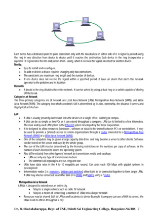 Each device has a dedicated point to point connection only with the two devices on either side of it. A signal is passed along
the ring in one direction from device to device until it reaches the destination Each device in the ring incorporates a
repeater. It regenerates the bits and passes them along, when it receives the signal intended for another device.
Merits:
 Easy to install and reconfigure.
 To add or delete a device requires changing only two connections.
 The constraints are maximum ring length and the number of devices.
 If one device does not receive the signal within a specified period, it issue an alarm that alerts the network
operator to the problem and its location
Demerits
 A break in the ring disables the entire network. It can be solved by using a dual ring or a switch capable of closing
off the break.
Categories of Network
The three primary categories are of network are Local Area Network (LAN), Metropolitan Area Network (MAN), and Wide
Area Network(WAN). The category into which a network fall is determined by its size, ownership, the distance it covers and
its physical architecture.
LAN











A LAN is usually privately owned and links the devices in a single office, building or campus.
A LAN can be as simple as two PCs or it can extend throughout a company. LAN size is limited to a few kilometers.
The most widely used LAN system is the Ethernet system developed by the Xerox Corporation.
It is designed to allow resources (hardware , software or data) to be shared between PC’s or workstations. It may
be used to provide a (shared) access to remote organizations through a router connected to a Metropolitan Area
Network (MAN) or a Wide Area Network (WAN).
One of the computers may be given a large capacity disk drive and may become a server to other clients. Software
can be stored on this server and used by the whole group.
The size of the LAN may be determined by the licensing restrictions on the numbers per copy of software. or the
number of users licensed to access the operating system.
Also differentiated from other types of network by transmission media and topology.
 LAN use only one type of transmission medium
 The common LAN topologies are bus, ring and star.
LANs have data rates in the 4 to 10 megabits per second. Can also reach 100 Mbps with gigabit systems in
development.
Intermediate nodes (i.e. repeaters, bridges and switches) allow LANs to be connected together to form larger LANs.
A LAN may also be connected to another LAN or to WANs and MAN’s using a "router

Metropolitan Area Network
A MAN is designed to extend over an entire city.
 May be a single network such as cable TV network
 May be a means of connecting a number of LANs into a larger network
 Resources may be shared LAN to LAN as well as device to device Example A company can use a MAN to connect the
LANs in all its offices throughout a city.

Dr. B. Shadaksharappa, Dept. of CSE, Shirdi Sai Engineering College, Bangalore-562106 7

 