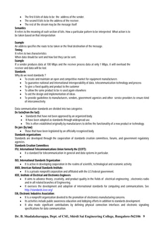  The first 8 bits of data to be the address of the sender.
 The second 8 bits to be the address of the receiver.
 The rest of the stream may be the message itself
Semantics
It refers to the meaning of each section of bits. How a particular pattern to be interpreted What action is to
be taken based on that interpretation
Example
An address specifies the route to be taken or the final destination of the message.
Timing
It refers to two characteristics
When data should be sent and how fast they can be sent.
Example
If a sender produces data at 100 Mbps and the receiver process data at only 1 Mbps, it will overload the
receiver and data will be lost.
Standards
Why do we need standards ?
 To create and maintain an open and competitive market for equipment manufacturers
 To guarantee national and international interoperability of data, telecommunication technology and process
 To give a fixed quality and product to the customer
 To allow the same product to be re used again elsewhere
 To aid the design and implementation of ideas
 To provide guidelines to manufacturers, vendors, government agencies and other service providers to ensure kind
of interconnectivity.
Data communication standards are divided into two categories
De facto(from the fact):
 Standards that have not been approved by an organized body.
 It have been adopted as standards through widespread use.
 This is often established originally by manufacturers to define the functionality of a new product or technology.
De jure (by law):
 Those that have been legislated by an officially recognized body.
Standards organizations
Standards are developed through the cooperation of standards creation committees, forums, and government regulatory
agencies.
Standards Creation Committees
ITU, International Telecommunications Union formerly the (CCITT):
 It a standard for telecommunication in general and data systems in particular.

ISO, International Standards Organization :
 It is active in developing cooperation in the realms of scientific, technological and economic activity.
ANSI, American National Standards Institute:
 It is a private nonprofit corporation and affiliated with the U.S federal government.
IEEE, Institute of Electrical and Electronics Engineers:
 It aims to advance theory, creativity, and product quality in the fields of electrical engineering , electronics radio
and in all related branches of Engineering.
 It oversees the development and adoption of international standards for computing and communications. See
http://standards.ieee.org/
EIA, Electronic Industries Association:
 It is a nonprofit organization devoted to the promotion of electronics manufacturing concerns.
 Its activities include public awareness education and lobbying efforts in addition to standards development.
 It also made significant contributions by defining physical connection interfaces and electronic signaling
specifications for data communication.

Dr. B. Shadaksharappa, Dept. of CSE, Shirdi Sai Engineering College, Bangalore-562106 9

 