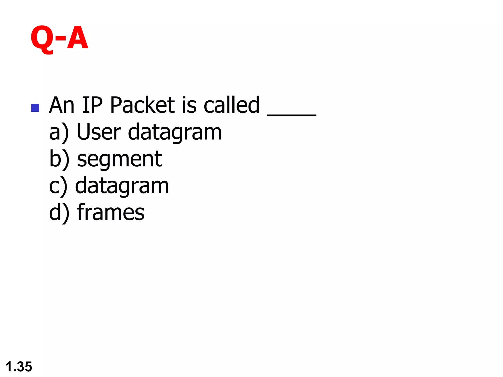  An IP Packet is called ____
a) User datagram
b) segment
c) datagram
d) frames
1.35
Q-A
 