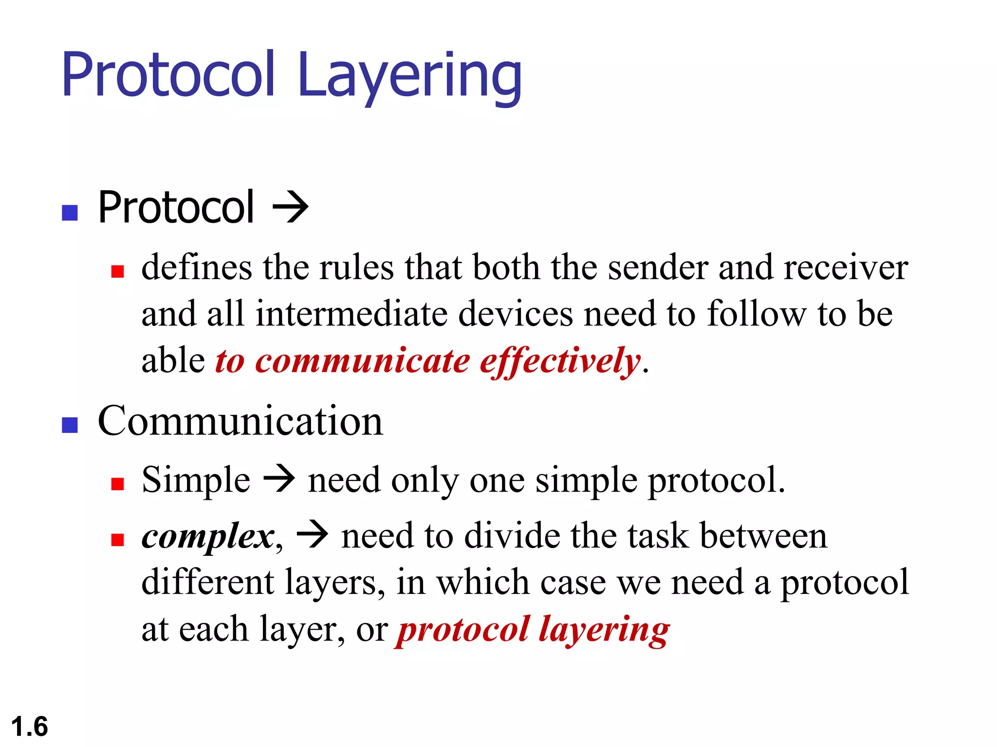 Protocol Layering
 Protocol 
 defines the rules that both the sender and receiver
and all intermediate devices need to follow to be
able to communicate effectively.
 Communication
 Simple  need only one simple protocol.
 complex,  need to divide the task between
different layers, in which case we need a protocol
at each layer, or protocol layering
1.6
 