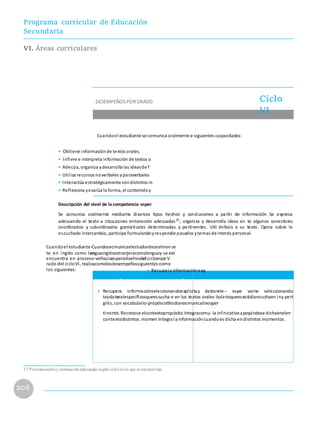 Programa curricular de Educación
Secundaria
VI. Áreas curriculares
DESEMPEÑOS PORGRADO Ciclo
VI
COMPETENCIA “SE COMUNICA ORALMENTE EN
Cuandoel estudiante se comunica oralmente e siguientes capacidades:
• Obtiene informaciónde textos orales.
• Infiere e interpreta información de textos o
• Adecúa, organiza ydesarrolla las ideasde f
• Utiliza recursos noverbales yparaverbales
• Interactúa estratégicamente condistintos in
• Reflexiona yevalúa la forma, el contenidoy
Descripción del nivel de la competencia esper
Se comunica oralmente mediante diversos tipos hechos y conclusiones a partir de información Se expresa
adecuando el texto a situaciones entonación adecuadas37; organiza y desarrolla ideas en to algunos conectores
coordinados y subordinados gramaticales determinadas y pertinentes. Util énfasis a su texto. Opina sobre lo
escuchado intercambio, participa formulandoyrespondie pasados ytemas de interés personal.
DESEMPEÑOS PRIMER GRADODESEMPEÑOSSECUNDARIASEGUNDO
• Recupera informaciónseleccionandoexplícitay datosrele-- espe vante seleccionando
tosdatoralespecíficosqueescucha e en los textos orales-bularioqueescotidianouchaen iny pert
glés, con vocabulario-propóscotitodianocmunicativoyper
tinente. Reconoce elcontextopropósito.Integracomu- la infnicativoapoyándose dichaenelen
contextodistintos. momen Integra la informacióncuandoes dicha endistintos momentos.
37 Pronunciacióny entonaciónadecuadas según el nivel en que se encuentran.
208
Cuandoel estudiante-Cuandosecmunicaelestudianteoralmense
te en inglés como lenguainglésextranjeracomolenguay-se ext
encuentra en proceso-velhaciaesperadoelnivdel cicloespe V
rado del cicloVI, realizacomolosdesempeñossiguientes:como
los siguientes: • Recupera informaciónexp
 