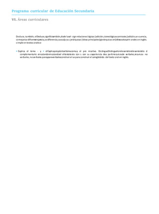 Programa curricular de Educación Secundaria
VI. Áreas curriculares
EMPEÑOS PRIMER GRADODESEMPEÑOSSECUNDARIASEGUNDO GRADO
Deduce, también, elDeduce,significtambién,dode lasel- signrelacioneslógicas (adición,cioneslógicascontraste,(adición,se-cuencia,
semejanza-difsemerejancia,za-diferencia,causa)ycau jerárquicas (ideas principales)yjerárquicas en(idteasxtosprin orales eninglés.
simple en textos oralese
• Explica el tema - y • elExplicapropósitoeltemacomuy el pro nicativo. DistingueDistinguelorelevantelorelevantedelo d
complementario vinculandovinculandoel eltextotexto con s con su experiencia dea partirrecursosde verbales,recursos - no
verbales, noverbales parayparaverbalesconstruir el se para construir el seingléstido. del texto oral en inglés.
210
 