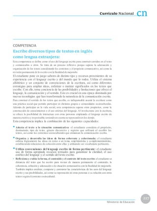 Currículo Nacional cn
COMPETENCIA
Escribe diversos tipos de textos en inglés
como lengua extranjera:
Esta competencia se define como el uso del lenguaje escrito para construir sentidos en el texto
y comunicarlos a otros. Se trata de un proceso reflexivo porque supone la adecuación y
organización de los textos considerando los contextos y el propósito comunicativo, así como la
revisión permanente de lo escrito con la finalidad de mejorarlo.
El estudiante pone en juego saberes de distinto tipo y recursos provenientes de su
experiencia con el lenguaje escrito y del mundo que lo rodea. Utiliza el sistema
alfabético y un conjunto de convenciones de la escritura, así como diferentes
estrategias para ampliar ideas, enfatizar o matizar significados en los textos que
escribe. Con ello, toma conciencia de las posibilidades y limitaciones que ofrece el
lenguaje, la comunicación y el sentido. Esto es crucial en una época dominada por
nuevas tecnologías que han transformado la naturaleza de la comunicación escrita.
Para construir el sentido de los textos que escribe, es indispensable asumir la escritura como
una práctica social que permite participar en distintos grupos o comunidades socioculturales.
Además de participar en la vida social, esta competencia supone otros propósitos, como la
construcción de conocimientos o el uso estético del lenguaje. Al involucrarse con la escritura,
se ofrece la posibilidad de interactuar con otras personas empleando el lenguaje escrito de
manera creativa y responsable,teniendoen cuenta su repercusiónen los demás.
Esta competencia implica la combinación de las siguientes capacidades:
• Adecúa el texto a la situación comunicativa: el estudiante considera el propósito,
destinatario, tipo de texto, género discursivo y registro que utilizará al escribir los
textos, así como los contextos socioculturales que enmarcan la comunicación escrita.
• Organiza y desarrolla las ideas de forma coherente y cohesionada: el estudiante
ordena lógicamente las ideas en torno a un tema, ampliándolas y complementándolas,
estableciendo relaciones de cohesión entre ellas y utilizando un vocabulario pertinente.
•Utiliza convenciones del lenguaje escrito de forma pertinente: el estudiante
usa de forma apropiada recursos textuales para garantizar la claridad, el uso
estético del lenguaje y el sentido del texto escrito.
• Reflexiona y evalúa la forma, el contenido y el contexto del texto escrito: el estudiante se
distancia del texto que ha escrito para revisar de manera permanente el contenido, la
coherencia, cohesión y adecuación a la situación comunicativa con la finalidad de mejorarlo.
También implica analizar, comparar y contrastar las características de los usos del lenguaje
escrito y sus posibilidades, así como su repercusión en otras personas o su relación con otros
textos segúnelcontexto sociocultural.
227
Ministerio de Educación
 