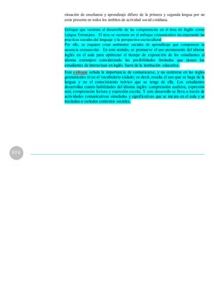 situación de enseñanza y aprendizaje difiere de la primera y segunda lengua por no
estar presente en todos los ámbitos de actividad social cotidiana.
Enfoque que sustenta el desarrollo de las competencias en el área de Inglés como
Lengua Extranjera. El área se sustenta en el enfoque comunicativo incorporando las
practicas sociales del lenguaje y la perspectiva sociocultural
Por ello, se requiere crear ambientes sociales de aprendizaje que compensen su
ausencia extraescolar. En este sentido, se promueve el uso permanente del idioma
inglés en el aula para optimizar el tiempo de exposición de los estudiantes al
idioma extranjero considerando las posibilidades limitadas que tienen los
estudiantes de interactuar en inglés fuera de la institución educativa.
Este enfoque señala la importancia de comunicarse, y no centrarse en las reglas
gramaticales ni en el vocabulario aislado; es decir, resalta el uso que se haga de la
lengua y no el conocimiento teórico que se tenga de ella. Los estudiantes
desarrollan cuatro habilidades del idioma inglés: comprensión auditiva, expresión
oral, comprensión lectora y expresión escrita. Y este desarrollo se lleva a través de
actividades comunicativas simuladas y significativas que se inician en el aula y se
trasladan a variados contextos sociales.
202
 