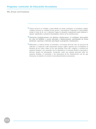 Programa curricular de Educación Secundaria
VI. Áreas curriculares
• Utiliza recursos no verbales y paraverbales de forma estratégica: el estudiante emplea
variados recursos no verbales (como gestos o movimientos corporales) o paraverbales
(como el tono de la voz o silencios) según la situación comunicativa para enfatizar o
matizar significados y producir determinados efectos en los interlocutores.
•Interactúa estratégicamente con distintos interlocutores: el estudiante intercambia
los roles de hablante y oyente alternada y dinámicamente, participando de forma
pertinente, oportuna y relevante para lograr su propósito comunicativo.
• Reflexiona y evalúa la forma, el contenido y el contexto del texto oral: los procesos de
reflexión y evaluación están relacionados porque ambos suponen que el estudiante se
distancie de los textos orales en los que participa. Para ello, compara y contrasta los
aspectos formales y de contenido con su experiencia, el contexto donde se encuentra y
diversas fuentes de información. Asimismo, emite una opinión personal sobre los
aspectos formales, el contenido, y las intenciones de los interlocutores con los que
interactúa, en relación al contexto sociocultural donde se encuentran.
204
 