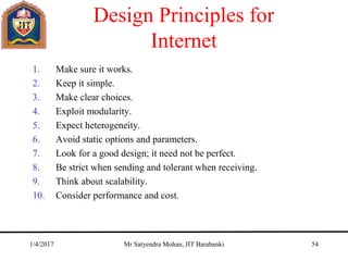 Design Principles for
Internet
1. Make sure it works.
2. Keep it simple.
3. Make clear choices.
4. Exploit modularity.
5. Expect heterogeneity.
6. Avoid static options and parameters.
7. Look for a good design; it need not be perfect.
8. Be strict when sending and tolerant when receiving.
9. Think about scalability.
10. Consider performance and cost.
1/4/2017 Mr Satyendra Mohan, JIT Barabanki 54
 