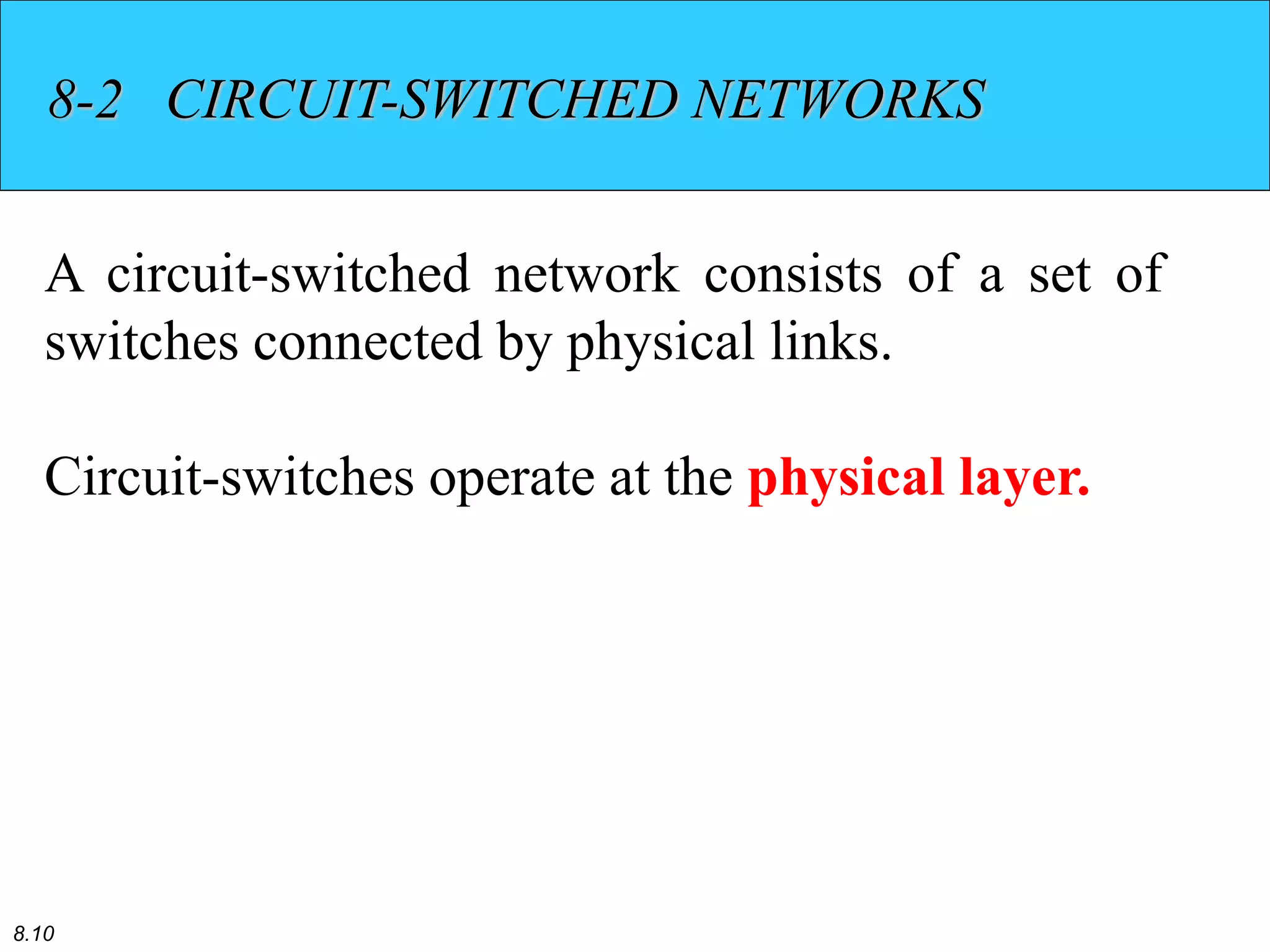 8.10
8-2 CIRCUIT-SWITCHED NETWORKS
A circuit-switched network consists of a set of
switches connected by physical links.
Circuit-switches operate at the physical layer.
 