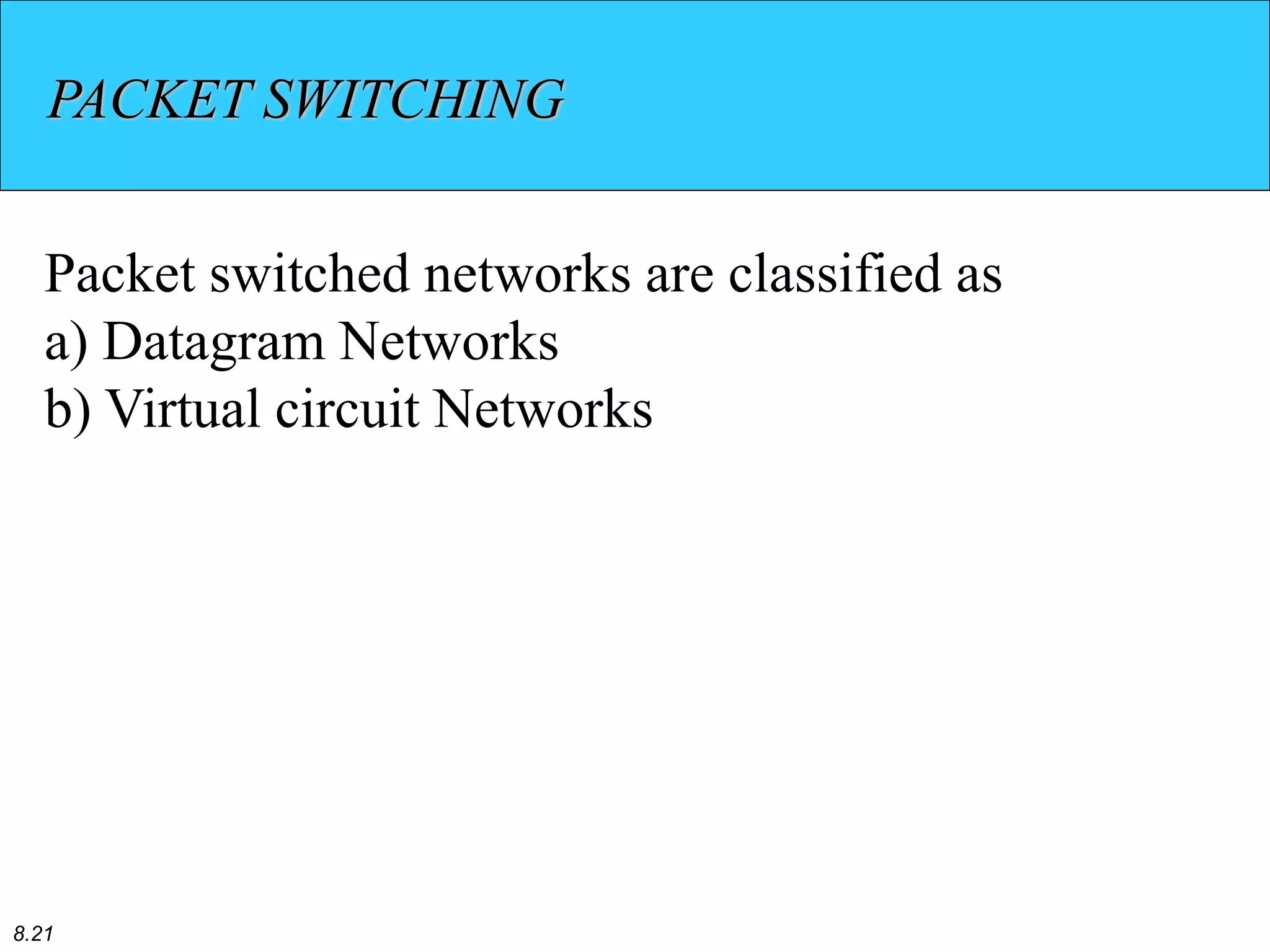 8.21
PACKET SWITCHING
Packet switched networks are classified as
a) Datagram Networks
b) Virtual circuit Networks
 