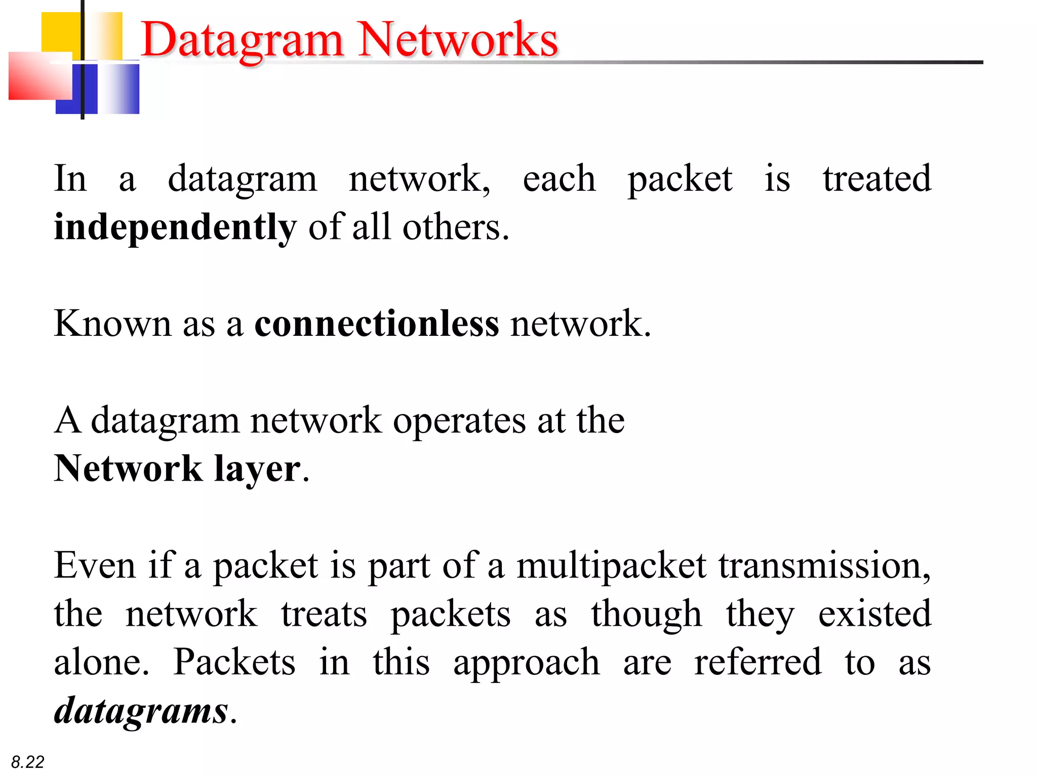 8.22
Datagram Networks
In a datagram network, each packet is treated
independently of all others.
Known as a connectionless network.
A datagram network operates at the
Network layer.
Even if a packet is part of a multipacket transmission,
the network treats packets as though they existed
alone. Packets in this approach are referred to as
datagrams.
 