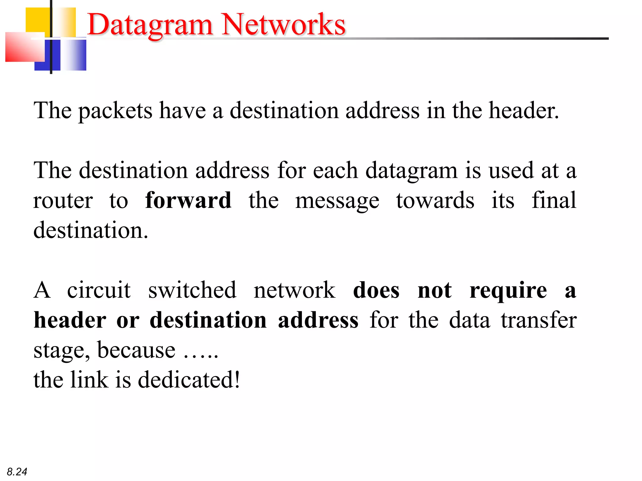 8.24
Datagram Networks
The packets have a destination address in the header.
The destination address for each datagram is used at a
router to forward the message towards its final
destination.
A circuit switched network does not require a
header or destination address for the data transfer
stage, because …..
the link is dedicated!
 