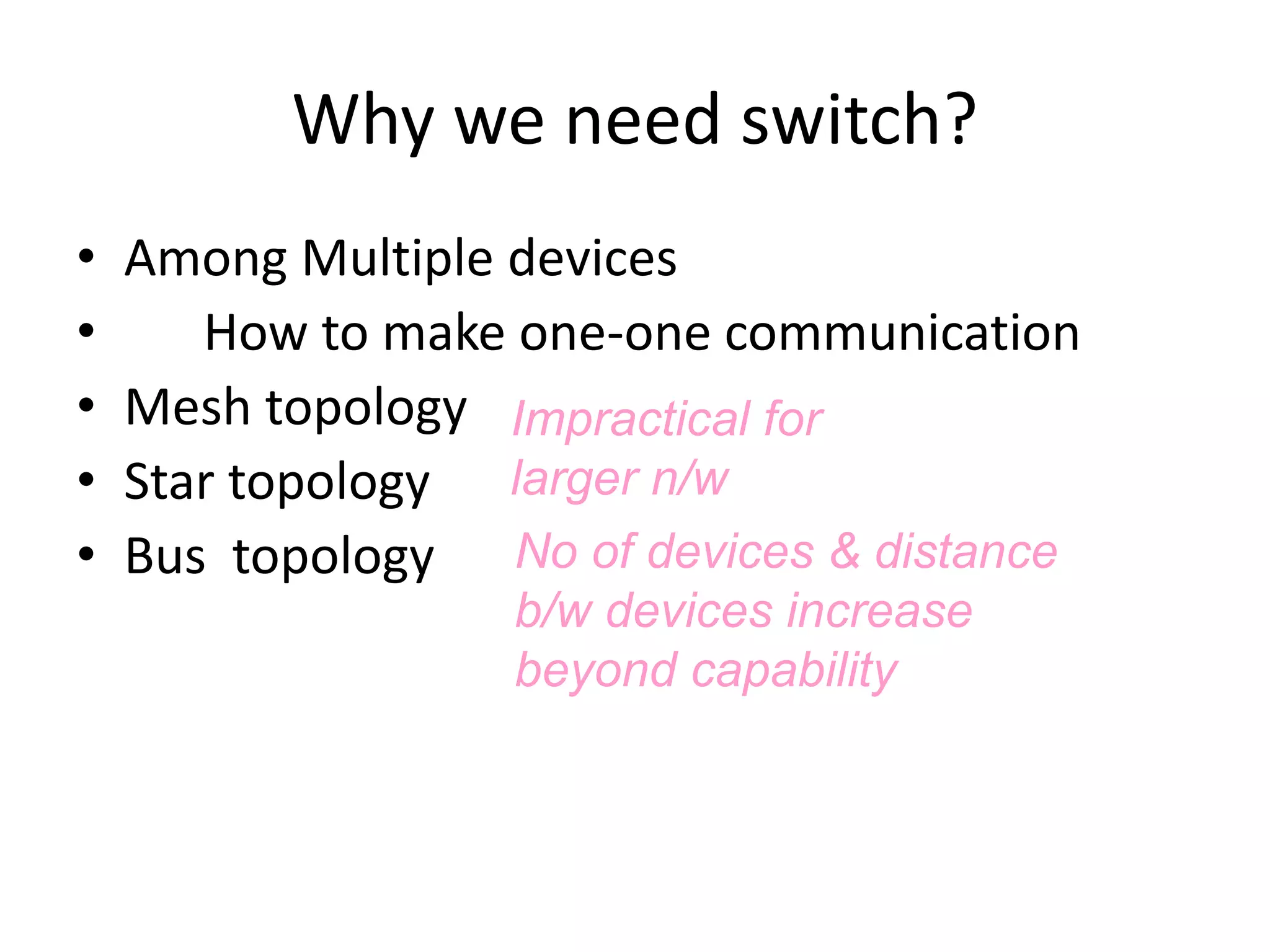 Why we need switch?
• Among Multiple devices
• How to make one-one communication
• Mesh topology
• Star topology
• Bus topology
Impractical for
larger n/w
No of devices & distance
b/w devices increase
beyond capability
 