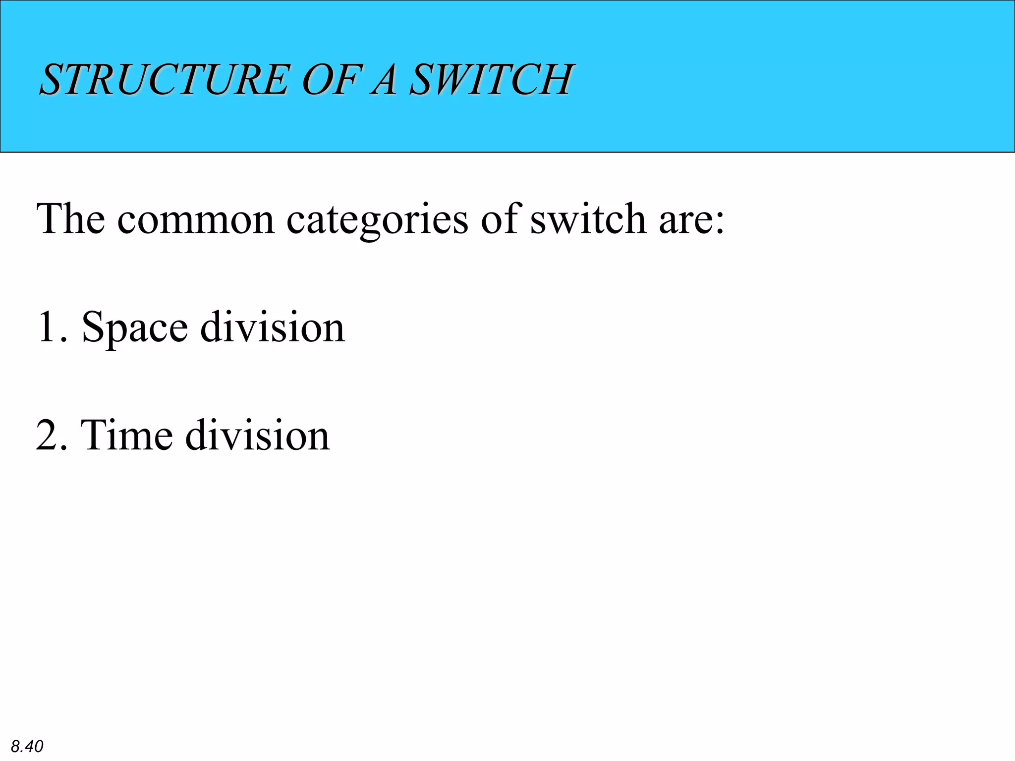 8.40
STRUCTURE OF A SWITCH
The common categories of switch are:
1. Space division
2. Time division
 