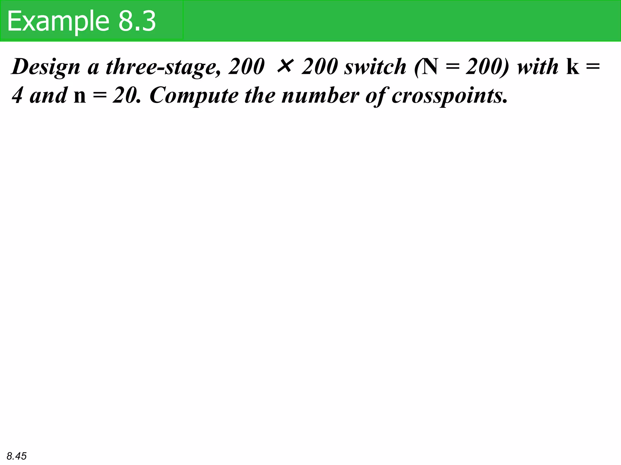 Design a three-stage, 200 × 200 switch (N = 200) with k =
4 and n = 20. Compute the number of crosspoints.
Example 8.3
8.45
 