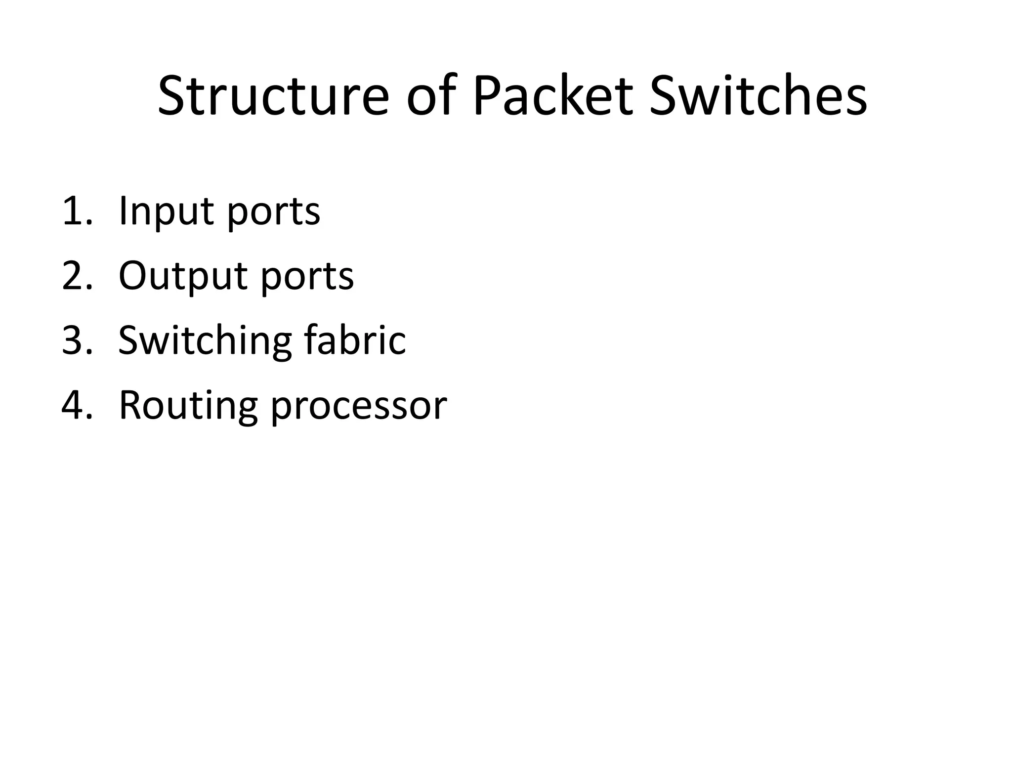 Structure of Packet Switches
1. Input ports
2. Output ports
3. Switching fabric
4. Routing processor
 
