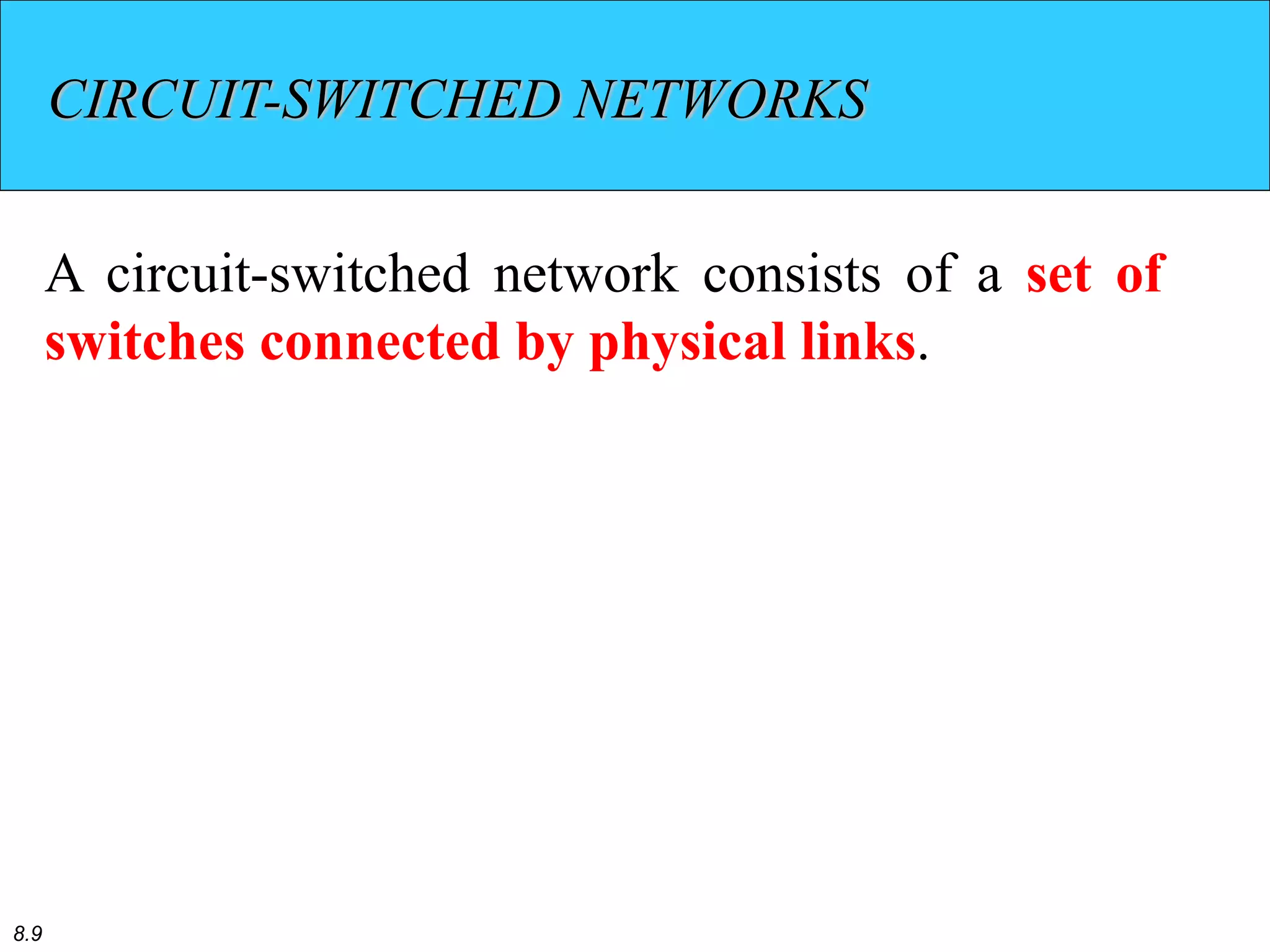 8.9
CIRCUIT-SWITCHED NETWORKS
A circuit-switched network consists of a set of
switches connected by physical links.
 
