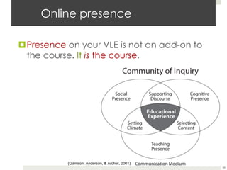 Online presence
¤ Presence on your VLE is not an add-on to
the course. It is the course.

(Garrison, Anderson, & Archer, 2001)
34

 