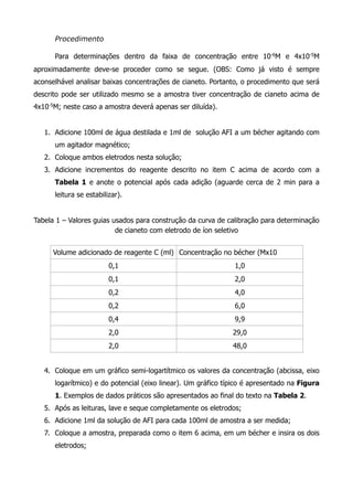 Procedimento ! 
Para determinações dentro da faixa de concentração entre 10-6M e 4x10-5M 
aproximadamente deve-se proceder como se segue. (OBS: Como já visto é sempre 
aconselhável analisar baixas concentrações de cianeto. Portanto, o procedimento que será 
descrito pode ser utilizado mesmo se a amostra tiver concentração de cianeto acima de 
4x10-5M; neste caso a amostra deverá apenas ser diluída). 
! 
1. Adicione 100ml de água destilada e 1ml de solução AFI a um bécher agitando com 
um agitador magnético; 
2. Coloque ambos eletrodos nesta solução; 
3. Adicione incrementos do reagente descrito no item C acima de acordo com a 
Tabela 1 e anote o potencial após cada adição (aguarde cerca de 2 min para a 
leitura se estabilizar). 
! 
Tabela 1 – Valores guias usados para construção da curva de calibração para determinação 
de cianeto com eletrodo de íon seletivo 
! 
! 
Volume adicionado de reagente C (ml) Concentração no bécher (Mx10 
4. Coloque em um gráfico semi-logartítmico os valores da concentração (abcissa, eixo 
logarítmico) e do potencial (eixo linear). Um gráfico típico é apresentado na Figura 
1. Exemplos de dados práticos são apresentados ao final do texto na Tabela 2. 
5. Após as leituras, lave e seque completamente os eletrodos; 
6. Adicione 1ml da solução de AFI para cada 100ml de amostra a ser medida; 
7. Coloque a amostra, preparada como o item 6 acima, em um bécher e insira os dois 
eletrodos; 
0,1 1,0 
0,1 2,0 
0,2 4,0 
0,2 6,0 
0,4 9,9 
2,0 29,0 
2,0 48,0 
 