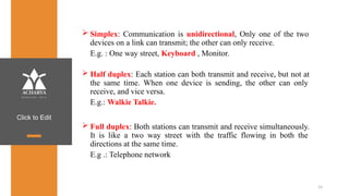 Click to Edit
 Simplex: Communication is unidirectional, Only one of the two
devices on a link can transmit; the other can only receive.
E.g. : One way street, Keyboard , Monitor.
 Half duplex: Each station can both transmit and receive, but not at
the same time. When one device is sending, the other can only
receive, and vice versa.
E.g.: Walkie Talkie.
 Full duplex: Both stations can transmit and receive simultaneously.
It is like a two way street with the traffic flowing in both the
directions at the same time.
E.g .: Telephone network
19
 