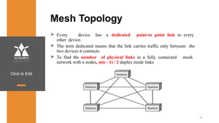 Click to Edit
Mesh Topology
 Every device has a dedicated point-to point link to every
other device.
 The term dedicated means that the link carries traffic only between the
two devices it connects.
 To find the number of physical links in a fully connected mesh
network with n nodes, n(n - 1) / 2 duplex mode links
25
 
