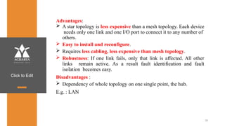 Click to Edit
Advantages:
 A star topology is less expensive than a mesh topology. Each device
needs only one link and one I/O port to connect it to any number of
others.
 Easy to install and reconfigure.
 Requires less cabling, less expensive than mesh topology.
 Robustness: If one link fails, only that link is affected. All other
links remain active. As a result fault identification and fault
isolation becomes easy.
Disadvantages :
 Dependency of whole topology on one single point, the hub.
E.g. : LAN
28
 