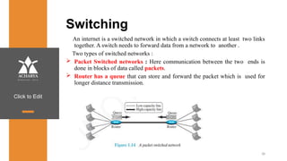 Click to Edit
Switching
An internet is a switched network in which a switch connects at least two links
together. A switch needs to forward data from a network to another .
Two types of switched networks :
 Packet Switched networks : Here communication between the two ends is
done in blocks of data called packets.
 Router has a queue that can store and forward the packet which is used for
longer distance transmission.
38
 