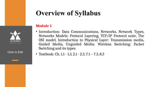 Click to Edit
Overview of Syllabus
Module 1
• Introduction: Data Communications, Networks, Network Types,
Networks Models: Protocol Layering, TCP/IP Protocol suite, The
OSI model, Introduction to Physical Layer: Transmission media,
Guided Media, Unguided Media: Wireless. Switching: Packet
Switching and its types.
• Textbook: Ch. 1.1 - 1.3, 2.1 - 2.3, 7.1 – 7.3, 8.3
 
