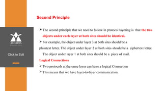 Click to Edit
Second Principle
The second principle that we need to follow in protocol layering is that the two
objects under each layer at both sites should be identical.
 For example, the object under layer 3 at both sites should be a
plaintext letter. The object under layer 2 at both sites should be a ciphertext letter.
The object under layer 1 at both sites should be a piece of mail.
Logical Connections
 Two protocols at the same layer can have a logical Connection
 This means that we have layer-to-layer communication.
 
