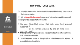 Click to Edit
TCP/IP PROTOCOL SUITE
 TCP/IP(Transmission Control Protocol/Internet Protocol) suite used in
the Internet today.
 It is a hierarchical protocol made up of interactive modules, each of
which provides a specific functionality.
hierarchical means that each upper level protocol
is
by the services provided by one or more lower
level
 The term
supported
protocols.
 The original TCP/IP protocol suite was defined as four software layers
built upon the hardware.
 Today, however, TCP/IP is thought of as a five-layer model. Figure 2.4
shows both configurations.
 