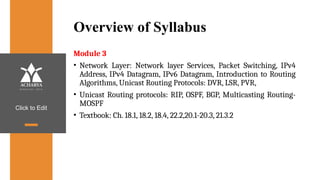 Click to Edit
Overview of Syllabus
Module 3
• Network Layer: Network layer Services, Packet Switching, IPv4
Address, IPv4 Datagram, IPv6 Datagram, Introduction to Routing
Algorithms, Unicast Routing Protocols: DVR, LSR, PVR,
• Unicast Routing protocols: RIP, OSPF, BGP, Multicasting Routing-
MOSPF
• Textbook: Ch. 18.1, 18.2, 18.4, 22.2,20.1-20.3, 21.3.2
 