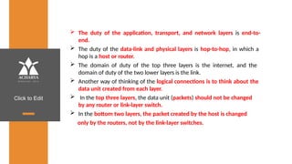 Click to Edit
 The duty of the application, transport, and network layers is end-to-
end.
 The duty of the data-link and physical layers is hop-to-hop, in which a
hop is a host or router.
 The domain of duty of the top three layers is the internet, and the
domain of duty of the two lower layers is the link.
 Another way of thinking of the logical connections is to think about the
data unit created from each layer.
 In the top three layers, the data unit (packets) should not be changed
by any router or link-layer switch.
 In the bottom two layers, the packet created by the host is changed
only by the routers, not by the link-layer switches.
 