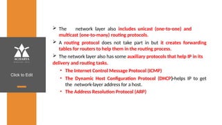 Click to Edit
 The network layer also includes unicast (one-to-one) and
multicast (one-to-many) routing protocols.
 A routing protocol does not take part in but it creates forwarding
tables for routers to help them in the routing process.
 The network layer also has some auxiliary protocols that help IP in its
delivery and routing tasks.
• The Internet Control Message Protocol (ICMP)
• The Dynamic Host Configuration Protocol (DHCP)-helps IP to get
the network-layer address for a host.
• The Address Resolution Protocol (ARP)
 