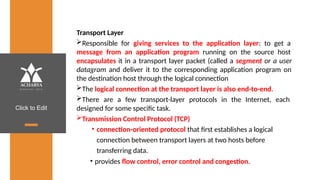 Click to Edit
Transport Layer
Responsible for giving services to the application layer: to get a
message from an application program running on the source host
encapsulates it in a transport layer packet (called a segment or a user
datagram and deliver it to the corresponding application program on
the destination host through the logical connection
The logical connection at the transport layer is also end-to-end.
There are a few transport-layer protocols in the Internet, each
designed for some specific task.
Transmission Control Protocol (TCP)
• connection-oriented protocol that first establishes a logical
connection between transport layers at two hosts before
transferring data.
• provides flow control, error control and congestion.
 