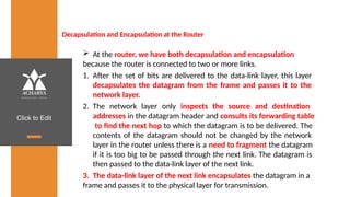 Click to Edit
Decapsulation and Encapsulation at the Router
 At the router, we have both decapsulation and encapsulation
because the router is connected to two or more links.
1. After the set of bits are delivered to the data-link layer, this layer
decapsulates the datagram from the frame and passes it to the
network layer.
2. The network layer only inspects the source and destination
addresses in the datagram header and consults its forwarding table
to find the next hop to which the datagram is to be delivered. The
contents of the datagram should not be changed by the network
layer in the router unless there is a need to fragment the datagram
if it is too big to be passed through the next link. The datagram is
then passed to the data-link layer of the next link.
3. The data-link layer of the next link encapsulates the datagram in a
frame and passes it to the physical layer for transmission.
 