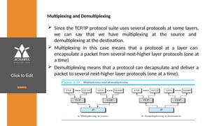Click to Edit
Multiplexing and Demultiplexing
 Since the TCP/IP protocol suite uses several protocols at some layers,
we can say that we have multiplexing at the source and
demultiplexing at the destination.
 Multiplexing in this case means that a protocol at a layer can
encapsulate a packet from several next-higher layer protocols (one at
a time)
 Demultiplexing means that a protocol can decapsulate and deliver a
packet to several next-higher layer protocols (one at a time).
 