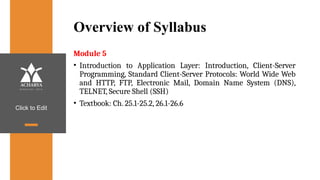 Click to Edit
Overview of Syllabus
Module 5
• Introduction to Application Layer: Introduction, Client-Server
Programming, Standard Client-Server Protocols: World Wide Web
and HTTP, FTP, Electronic Mail, Domain Name System (DNS),
TELNET, Secure Shell (SSH)
• Textbook: Ch. 25.1-25.2, 26.1-26.6
 